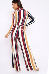 Wine Plunge Front Multi Stripe Jumpsuit - Jara-Jumpsuits
