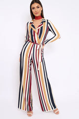 Wine Plunge Front Multi Stripe Jumpsuit - Jara-Jumpsuits