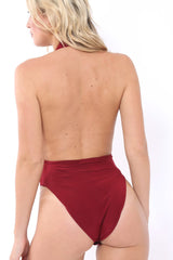 Wine Plunge Halterneck Bodysuit - Lona-Bodysuits
