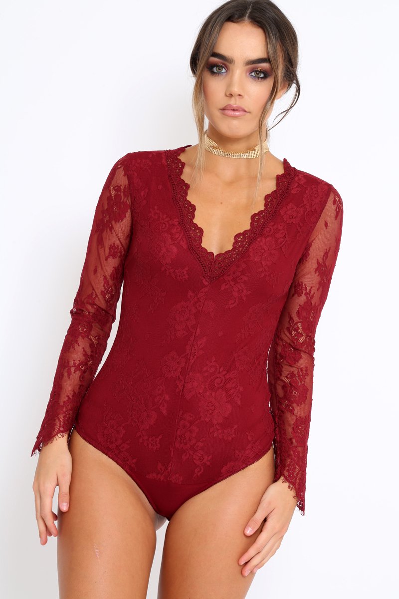 Wine Plunge Lace Bodysuit - Adele-Bodysuits