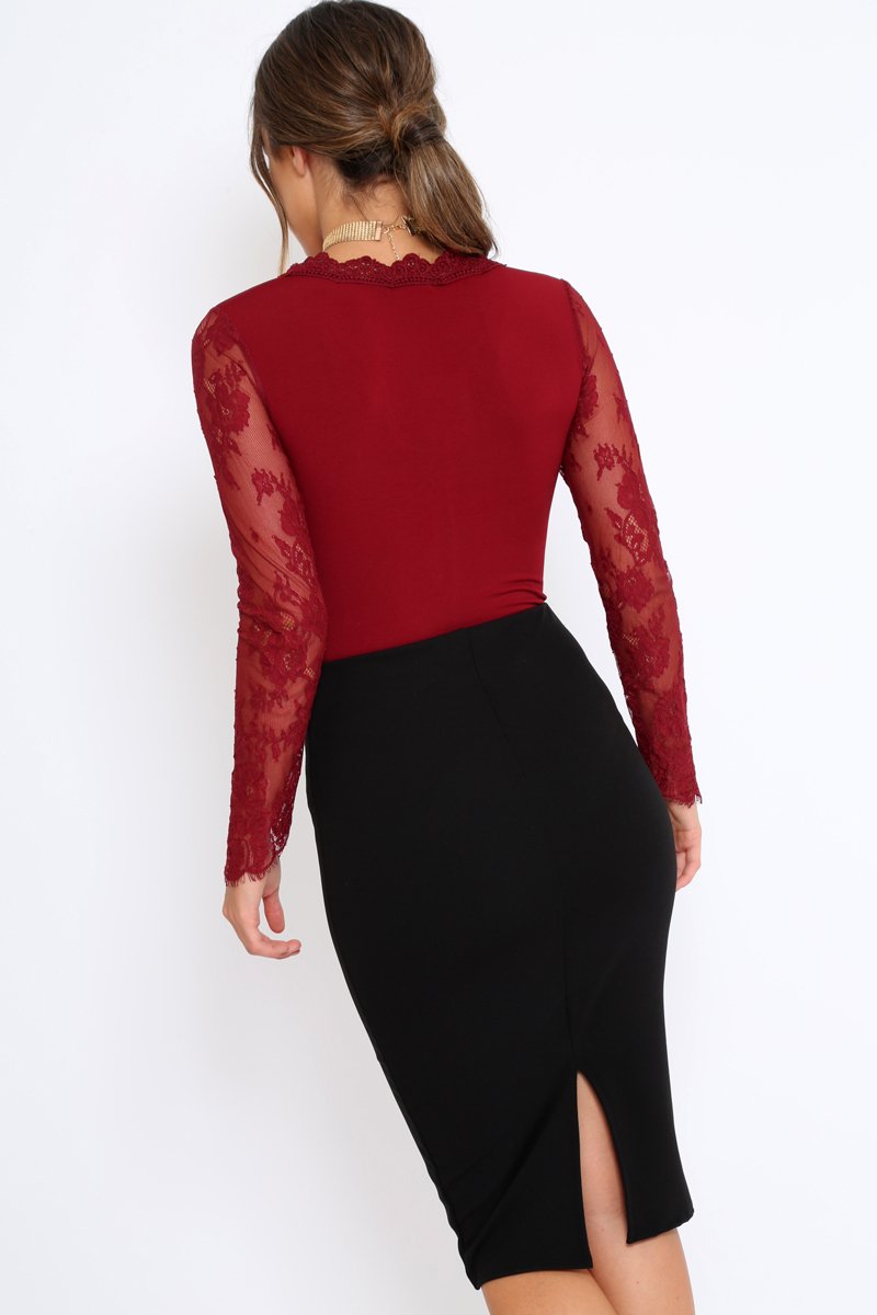 Wine Plunge Lace Bodysuit - Adele-Bodysuits