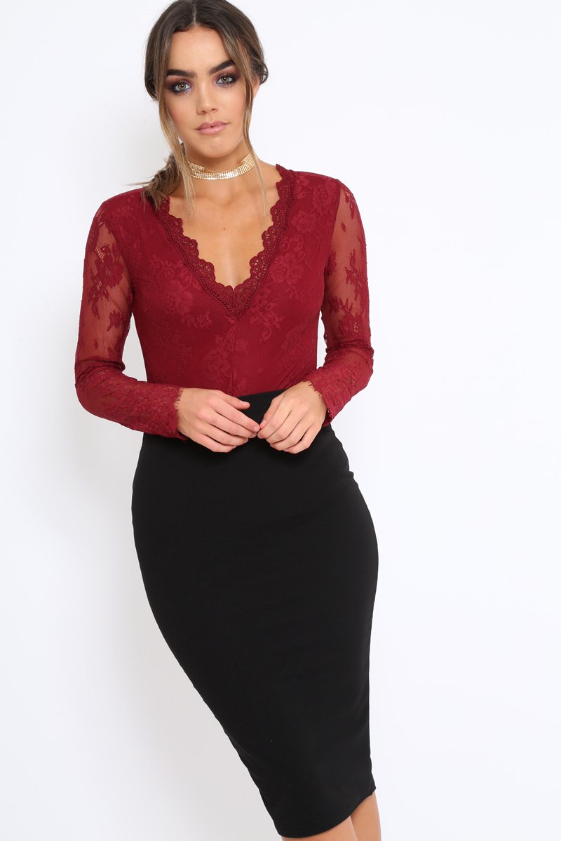 Wine Plunge Lace Bodysuit - Adele-Bodysuits