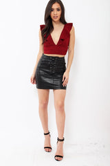 Wine Plunge Ruffle Crop Top With Cut Out Back - Nia-Crop Tops