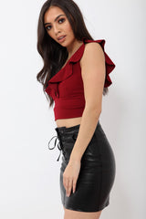 Wine Plunge Ruffle Crop Top With Cut Out Back - Nia-Crop Tops