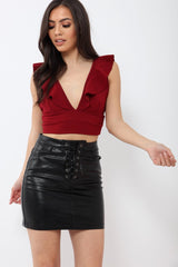 Wine Plunge Ruffle Crop Top With Cut Out Back - Nia-Crop Tops