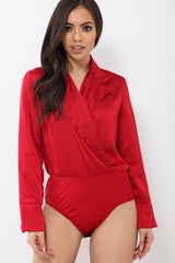 Wine Plunge Satin Bodysuit - Rebeka-Bodysuits