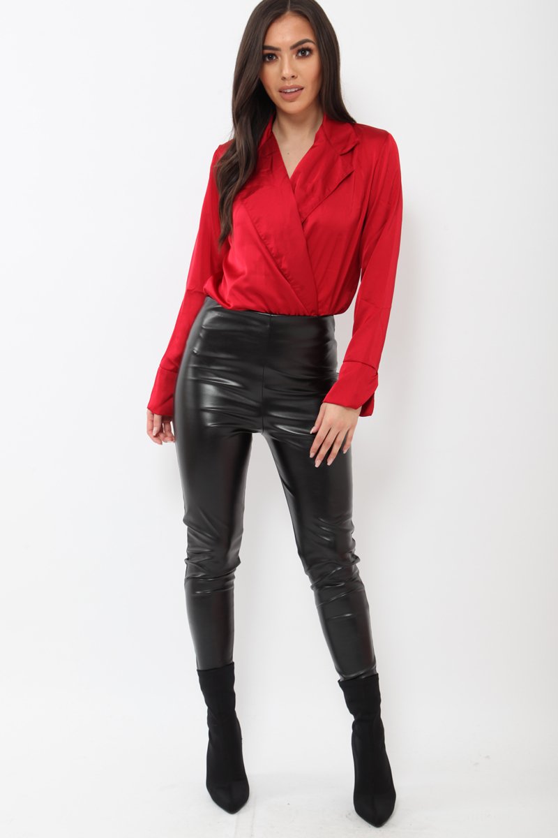 Wine Plunge Satin Bodysuit - Rebeka-Bodysuits