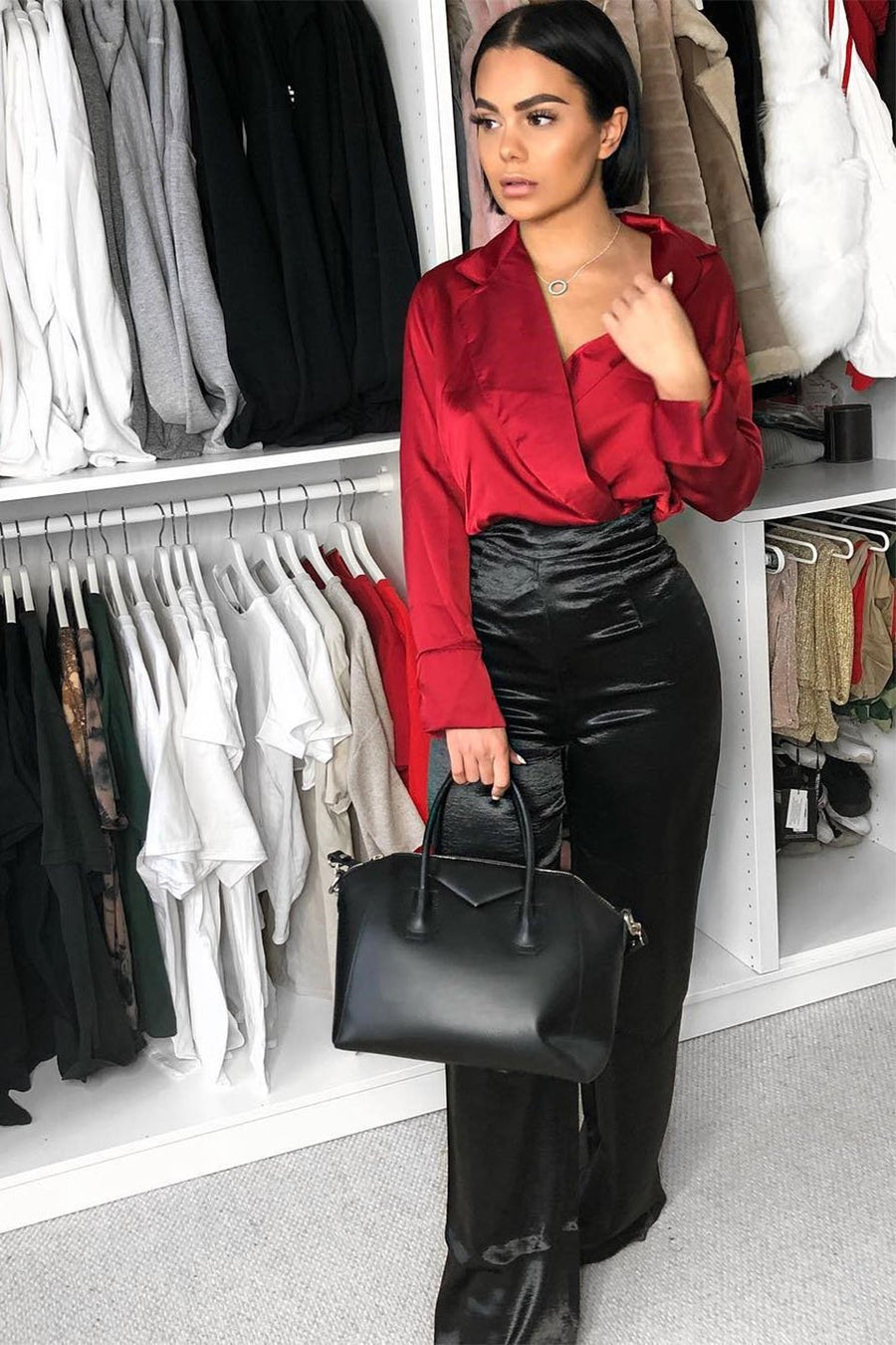 Wine Plunge Satin Bodysuit - Rebeka-Bodysuits