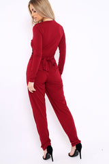 Wine Plunge Tie Back Jumpsuit - Brittney-Jumpsuits