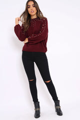 Wine Puff Sleeve Pearl Chunky Knit Jumper - Nancie-Jumper