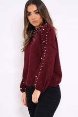 Wine Puff Sleeve Pearl Chunky Knit Jumper - Nancie-Jumper