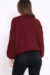 Wine Puff Sleeve Pearl Chunky Knit Jumper - Nancie-Jumper