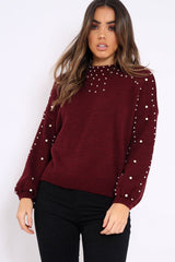 Wine Puff Sleeve Pearl Chunky Knit Jumper - Nancie-Jumper