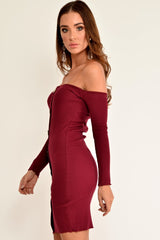 Wine Rib Bardot Button Down Mini Dress - Janora-Dresses