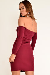 Wine Rib Bardot Button Down Mini Dress - Janora-Dresses
