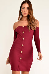 Wine Rib Bardot Button Down Mini Dress - Janora-Dresses