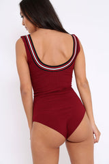 Wine Ribbed Bodysuit with Sport Trim - Tracey-Bodysuits