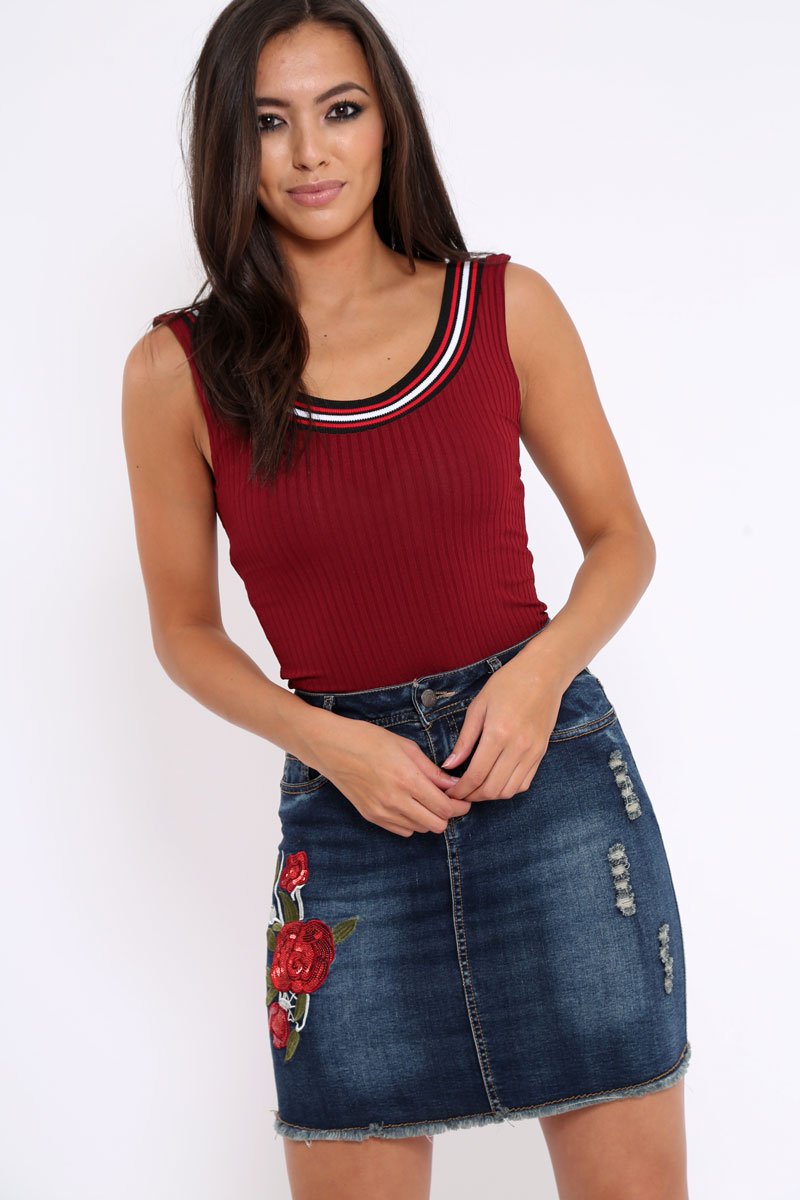 Wine Ribbed Bodysuit with Sport Trim - Tracey-Bodysuits