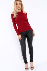 Wine Ribbed Cold Shoulder Jumper - Briella-Jumper