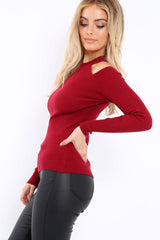 Wine Ribbed Cold Shoulder Jumper - Briella-Jumper