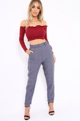 Wine Ribbed Frill Bardot Crop Top - Cassidy-Crop Tops