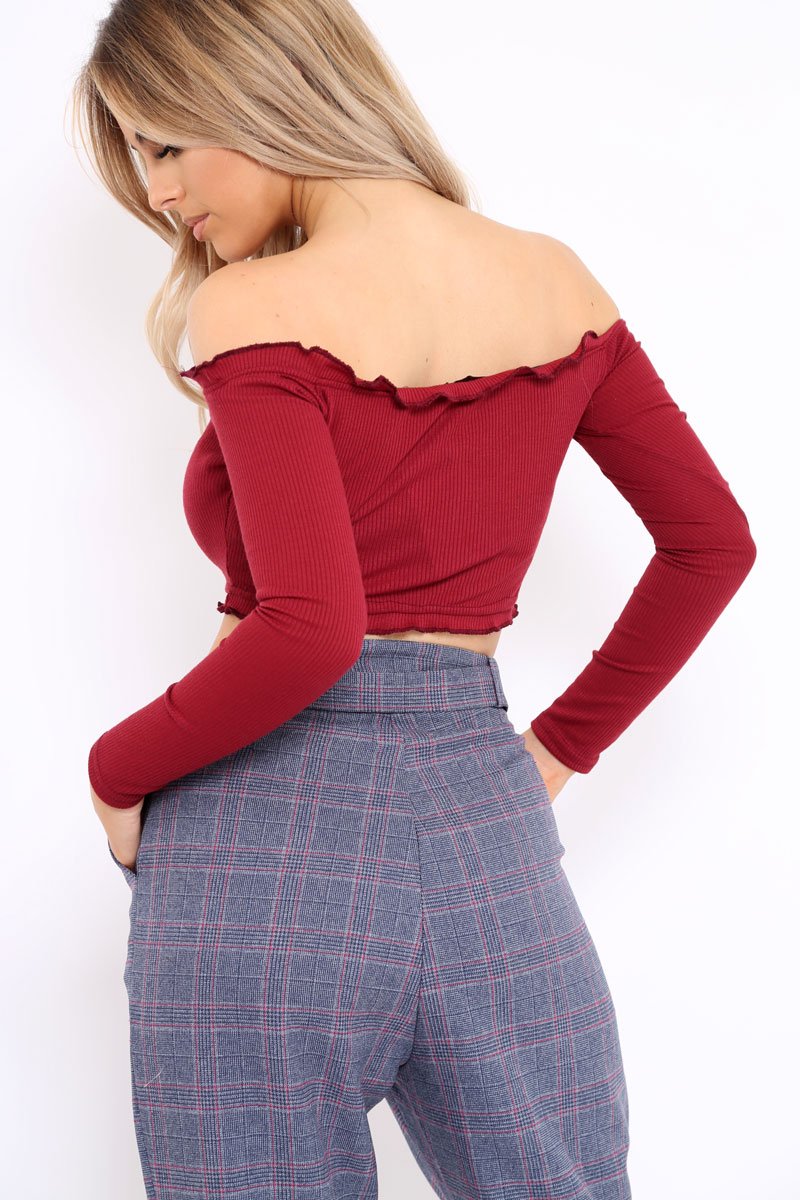 Wine Ribbed Frill Bardot Crop Top - Cassidy-Crop Tops