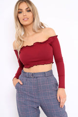 Wine Ribbed Frill Bardot Crop Top - Cassidy-Crop Tops