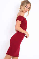 Wine Ribbed Frill Hem Bardot Bodycon Dress - Kamille-Dresses