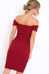 Wine Ribbed Frill Hem Bardot Bodycon Dress - Kamille-Dresses
