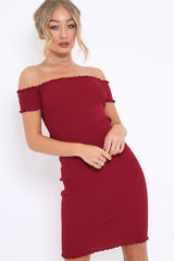 Wine Ribbed Frill Hem Bardot Bodycon Dress - Kamille-Dresses