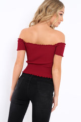 Wine Ribbed Frill Hem Bardot Crop Top - Adelle-Crop Tops