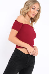 Wine Ribbed Frill Hem Bardot Crop Top - Adelle-Crop Tops