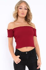 Wine Ribbed Frill Hem Bardot Crop Top - Adelle-Crop Tops