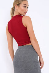 Wine Ribbed High Neck Crop Top - Kamira-Tops