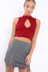 Wine Ribbed High Neck Crop Top - Kamira-Tops
