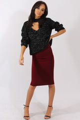 Wine Ribbed High Waisted Midi Skirt - Della-Skirts