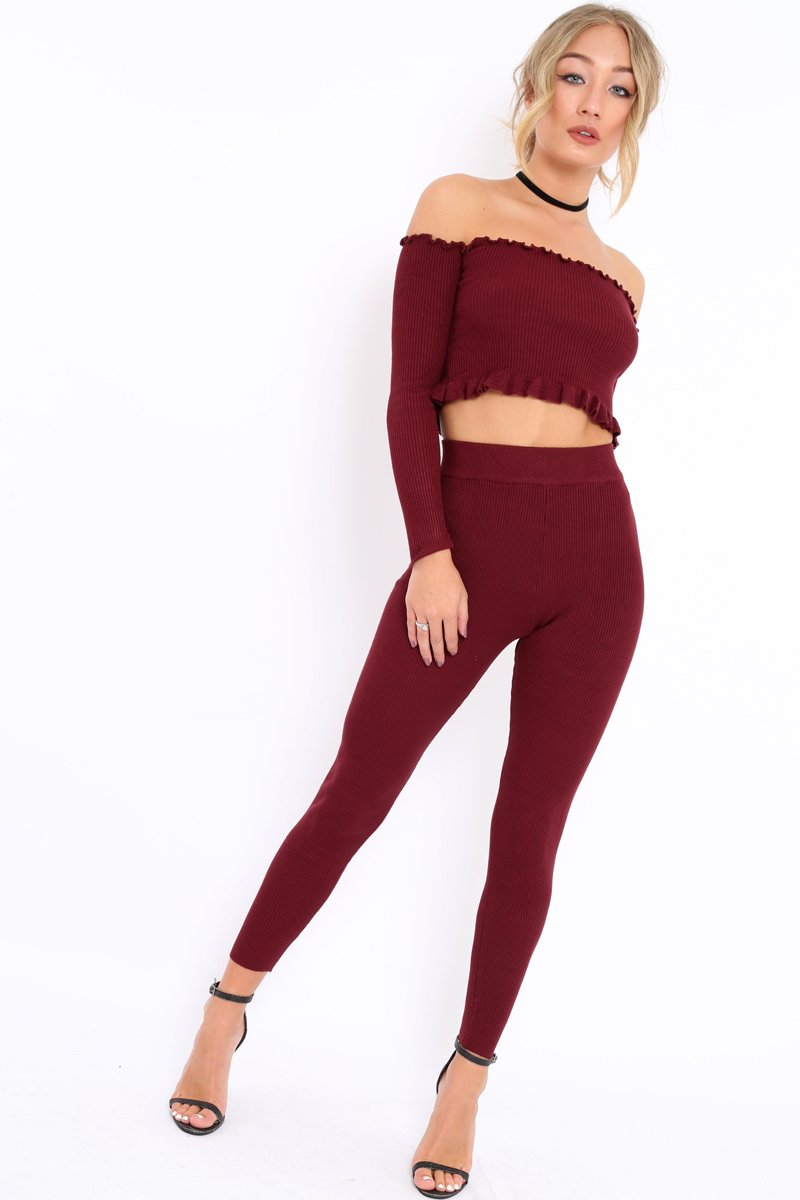 Wine Ribbed Knit Co-ord - Luna-Co-ords
