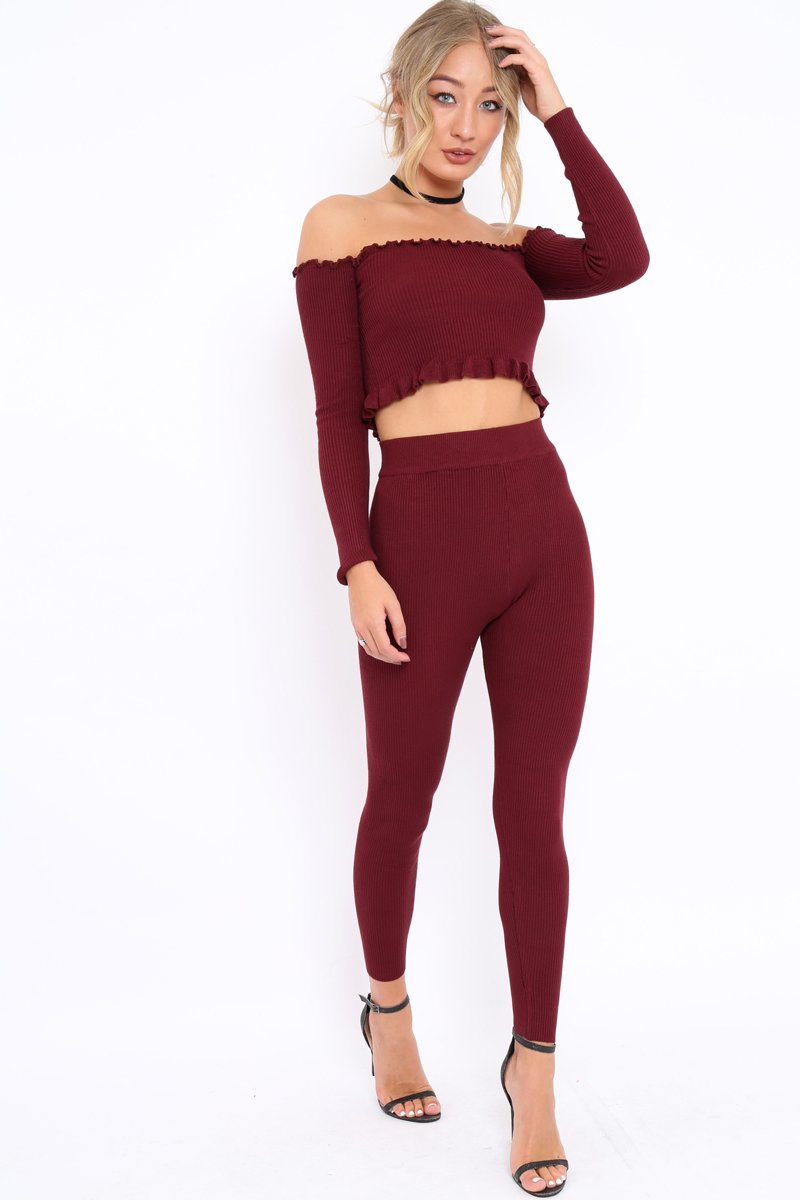 Wine Ribbed Knit Co-ord - Luna-Co-ords