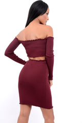 Wine Ribbed Knitted Co-ord with Frill Hems - Sicilie-Co-ords