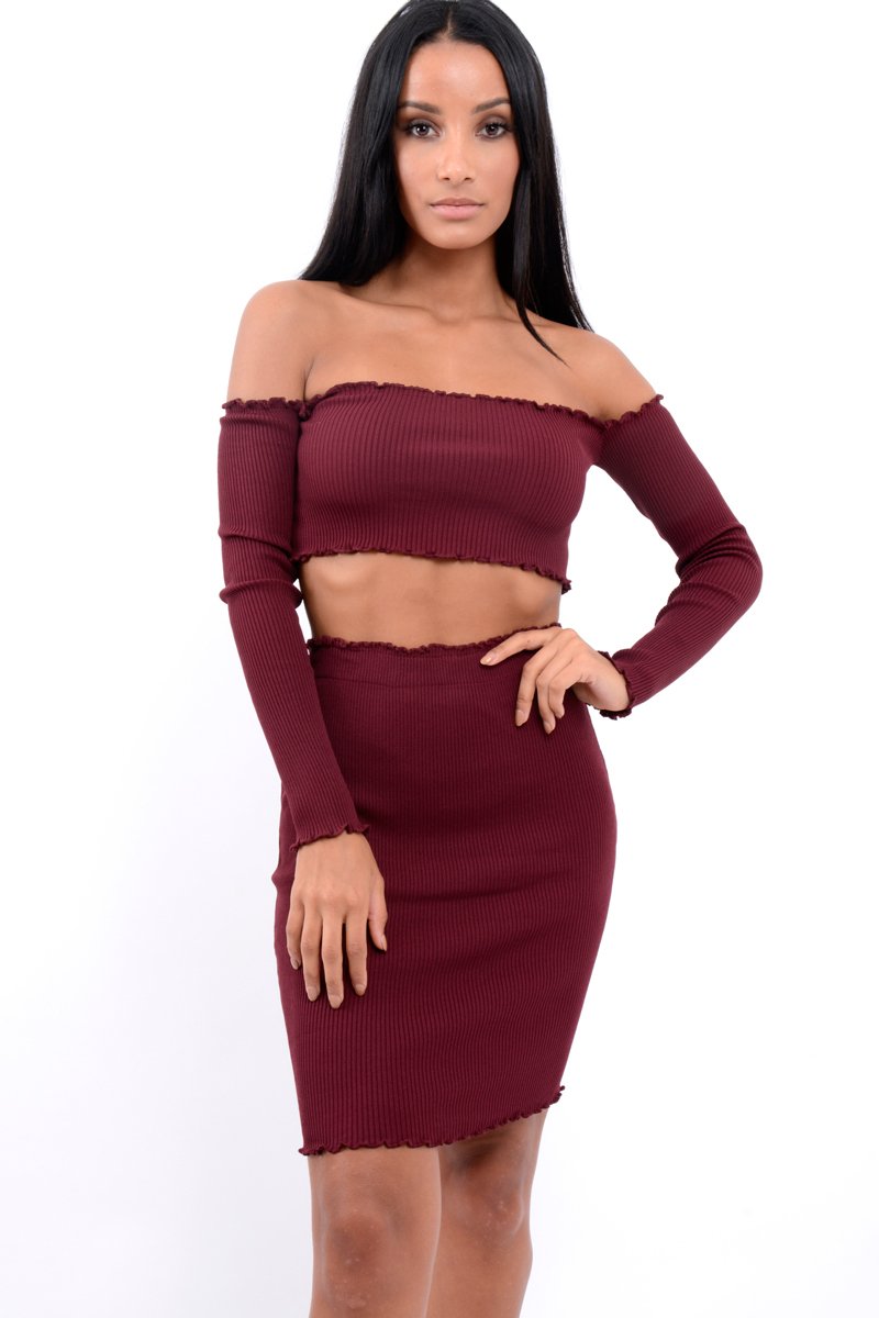 Wine Ribbed Knitted Co-ord with Frill Hems - Sicilie-Co-ords