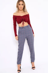 Wine Ribbed Lace Up Front Crop Top - Emmy-Crop Tops