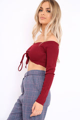 Wine Ribbed Lace Up Front Crop Top - Emmy-Crop Tops