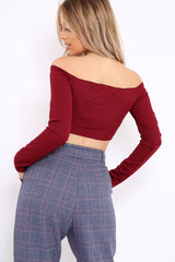 Wine Ribbed Lace Up Front Crop Top - Emmy-Crop Tops