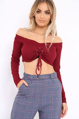 Wine Ribbed Lace Up Front Crop Top - Emmy-Crop Tops