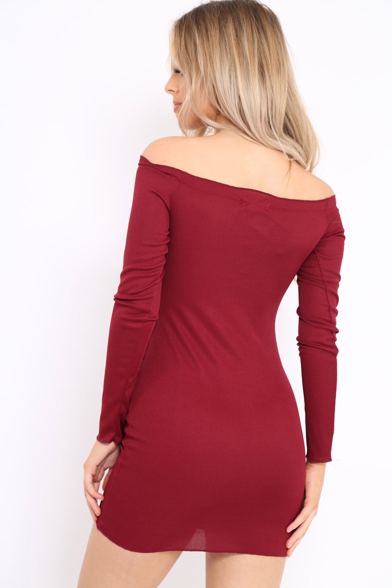 Wine Ribbed Lace Up Front Mini Dress - Gracey-Dresses