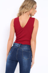 Wine Ribbed Lace up Crop Top - Laylia-Crop Tops