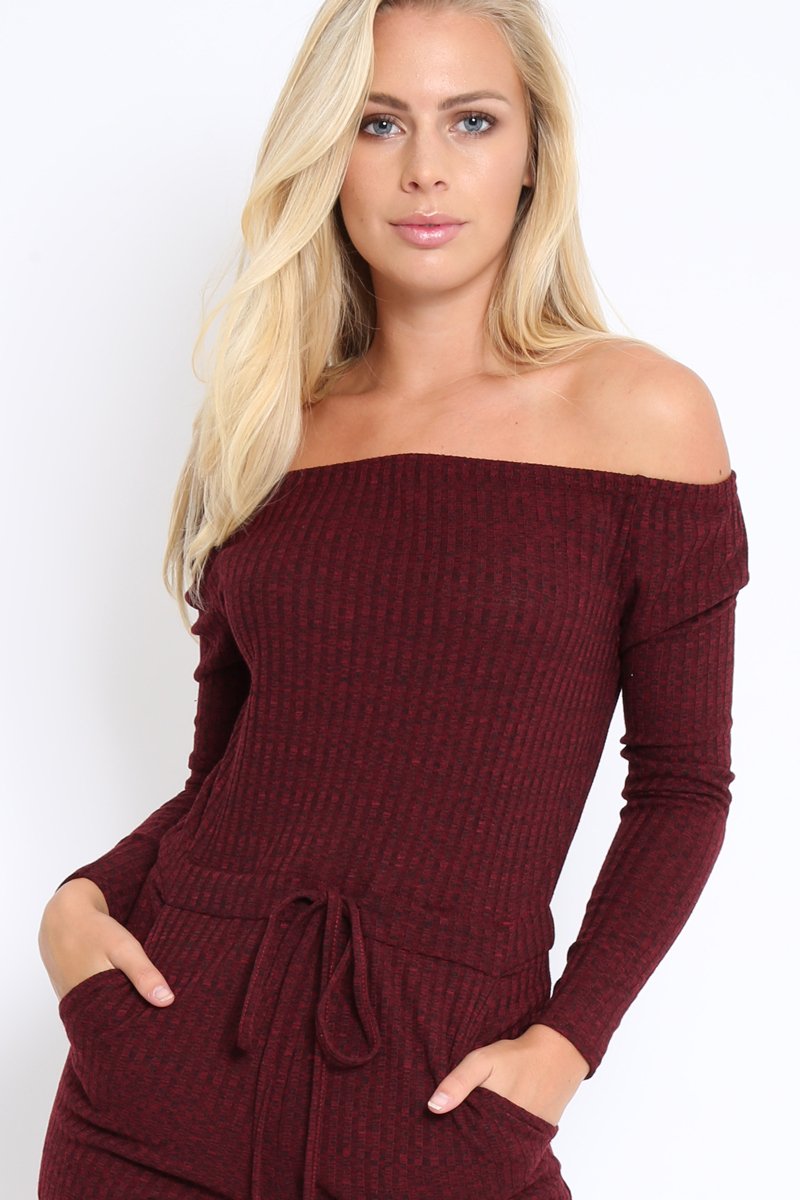 Wine Ribbed Rip Knee Jumpsuit - Chyna-Jumpsuits