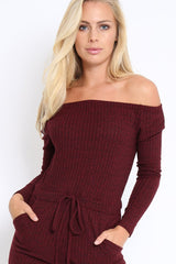 Wine Ribbed Rip Knee Jumpsuit - Chyna-Jumpsuits