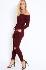 Wine Ribbed Rip Knee Jumpsuit - Chyna-Jumpsuits