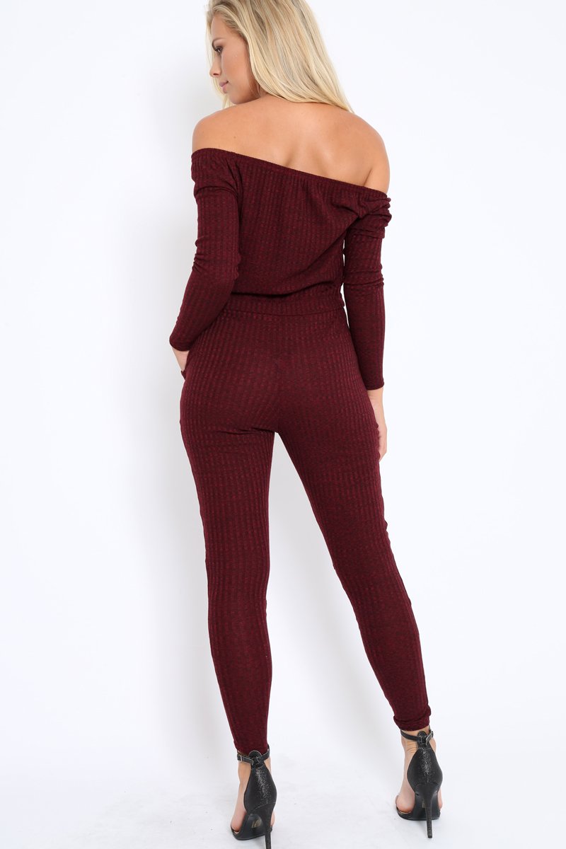 Wine Ribbed Rip Knee Jumpsuit - Chyna-Jumpsuits